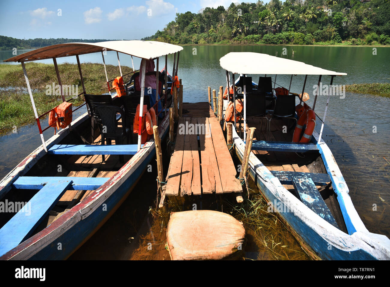 boats at sasthamkotta lake a freshwater lake in kerala,india Stock Photo