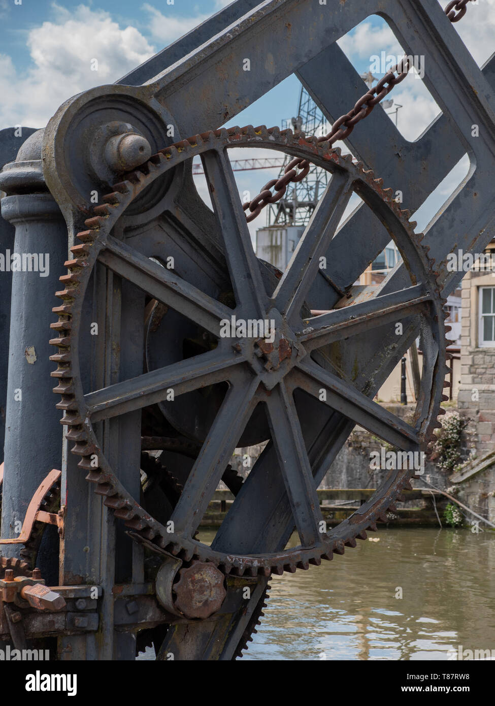 Close up of working mechanism on vintage crane at Bristol Harbour, Bristol, UK Stock Photo