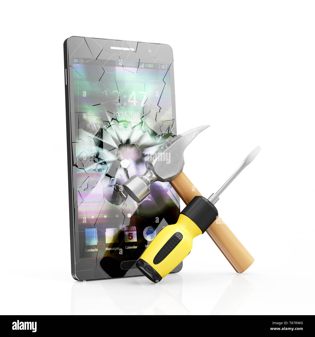 Mobile Service and Repair Concept. Modern Black Touchscreen Smart Phone with Broken Screen and Repair Symbol: Screwdriver with a Claw Hammer isolated  Stock Photo