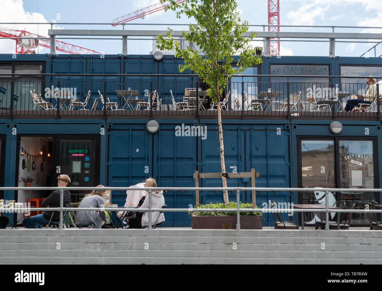 Two tiered container based restaurants at Bristol Harbour, Bristol, UK