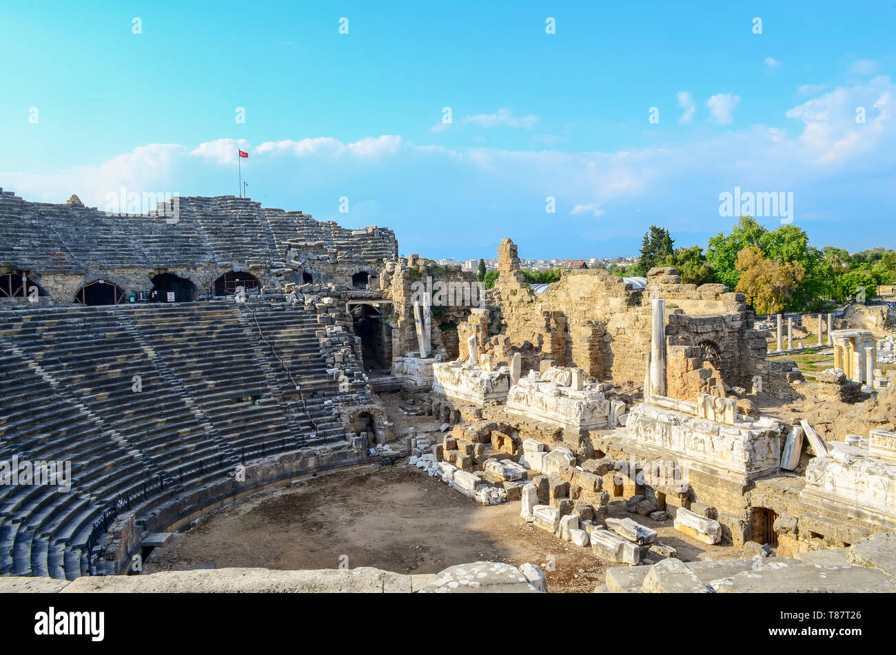 The ruins of the ancient amphitheater in the Turkish Side. Stock Photo
