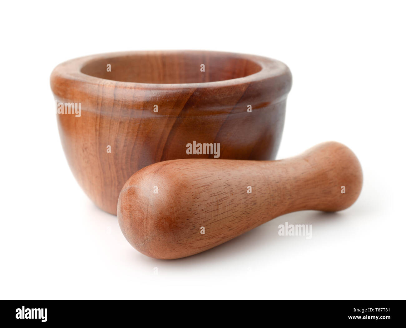 Wooden mortar and pestle isolated on white Stock Photo Alamy