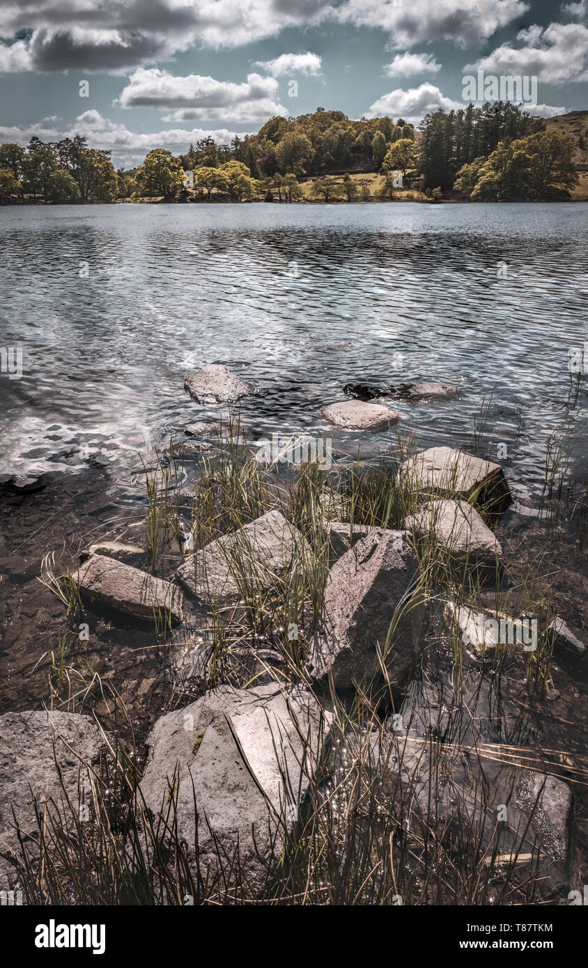 Loughrigg Tarn and Lakeside Rocks, English Lake District Stock Photo