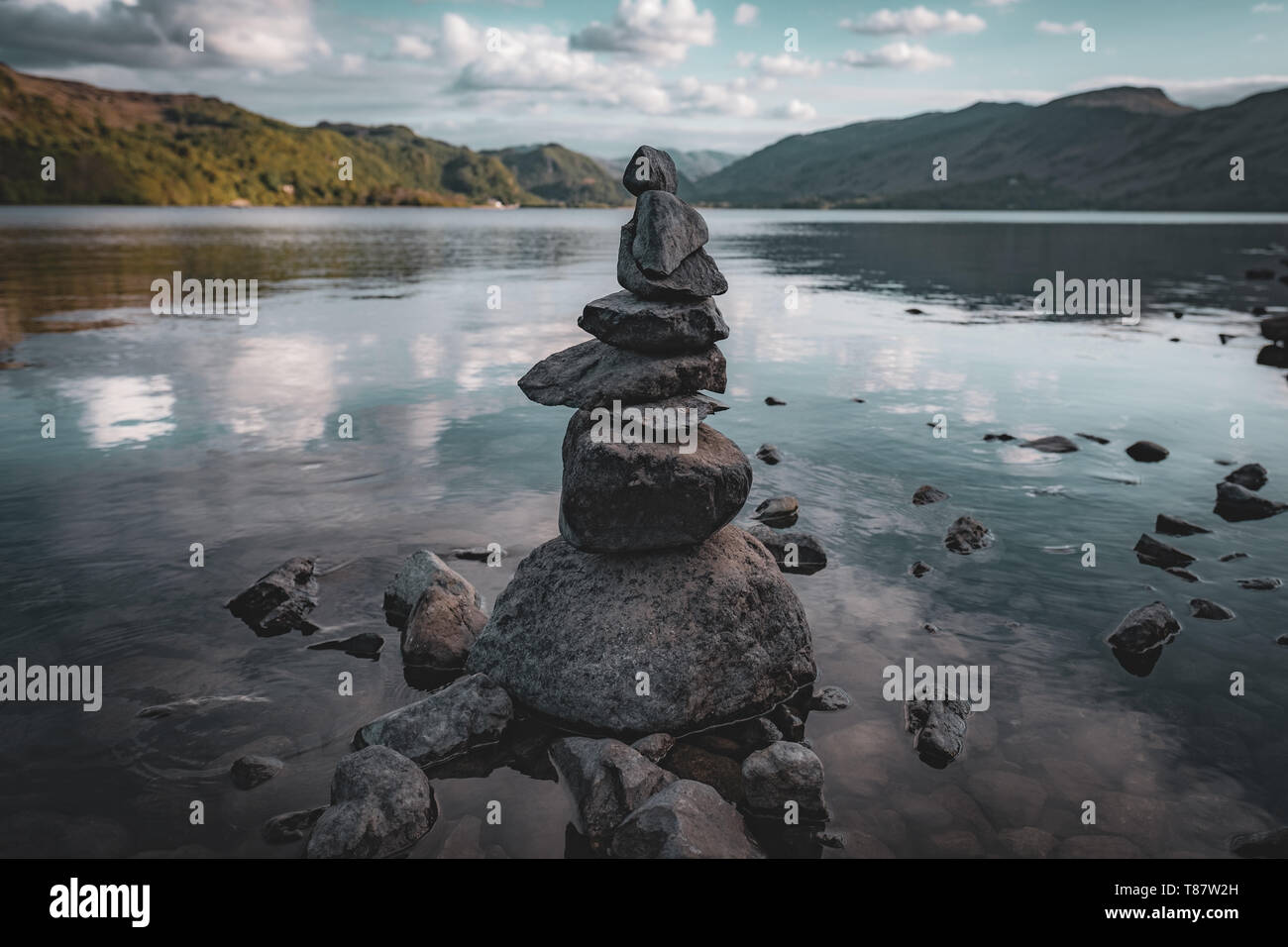 Rock Balancing on Derwentwater, English Lake District Stock Photo