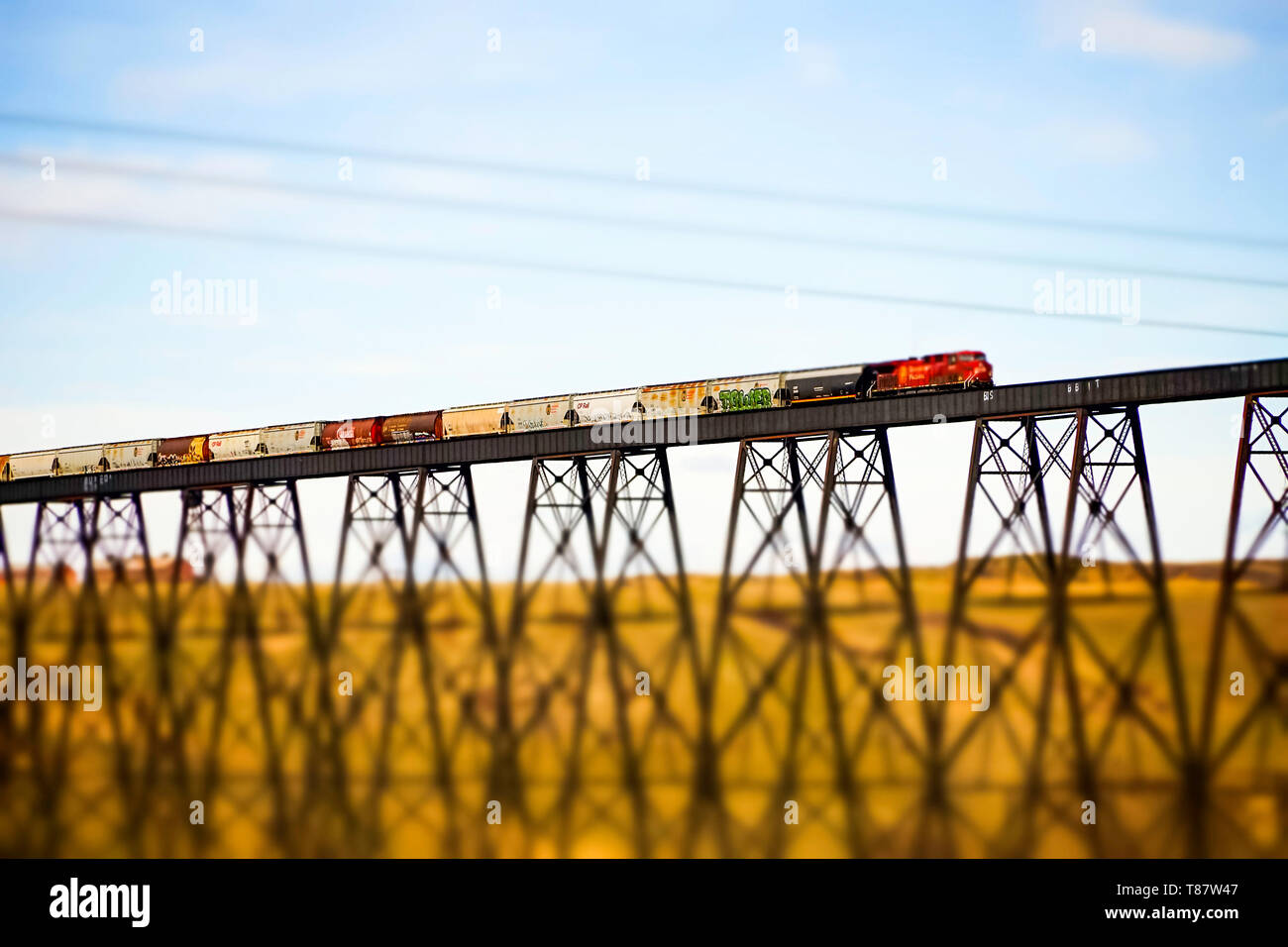 April 7 2019 - Lethbridge , Alberta Canada - Canadian Pacific Railway train crossing the High Level Bridge Stock Photo