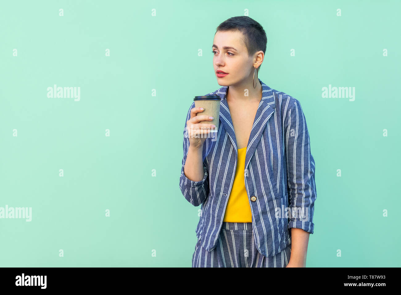 Coffee Break Portrait Of Dreaming Resting Beautiful With Short