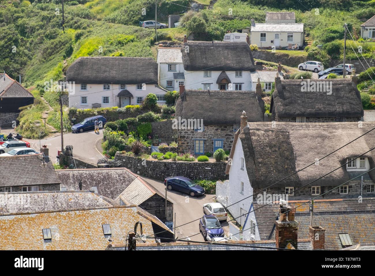 Thatched whitewashed cottages and narrow lane in the small quaint fishing village of Cadgwith, Cornwall, England Stock Photo
