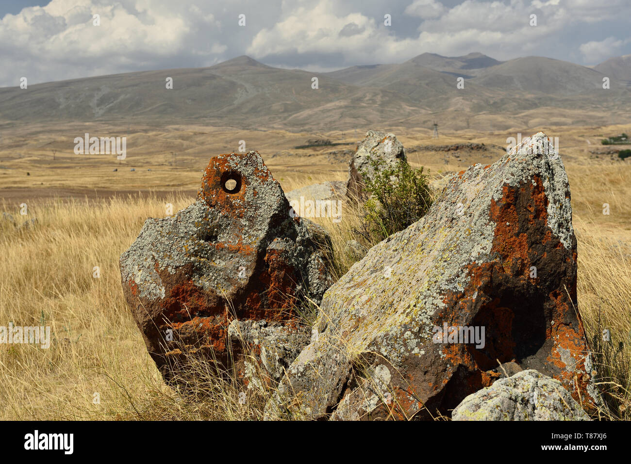 Armenian Stonehenge - Zorats Karer or Karahunj ancient observatory near Sisian, Armenia. Stock Photo