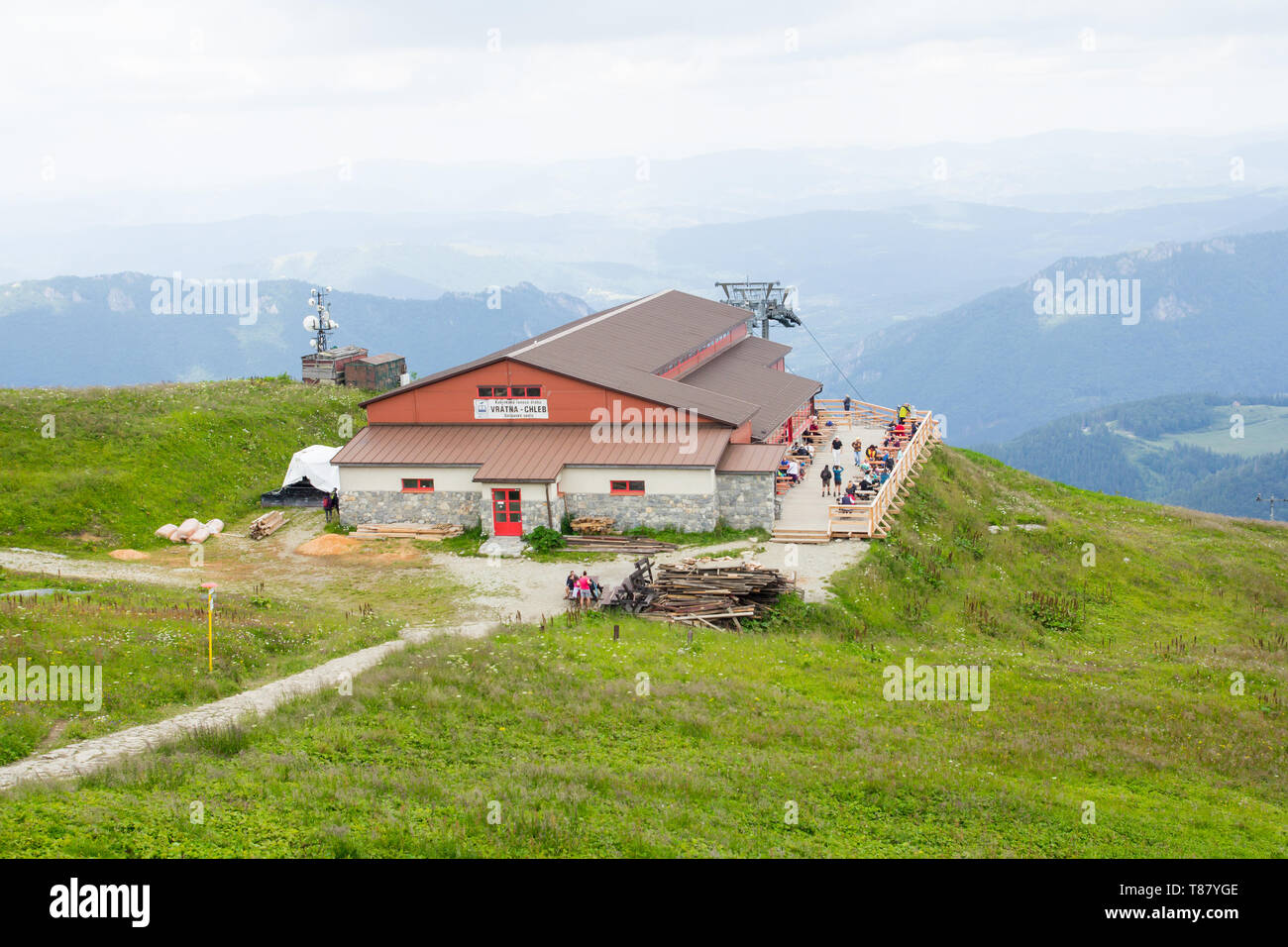 Low Tatras, Slovakia - July, 2018: tourists hiking near tourist house on Chleb mountain in Low Tatras, Slovakia Stock Photo