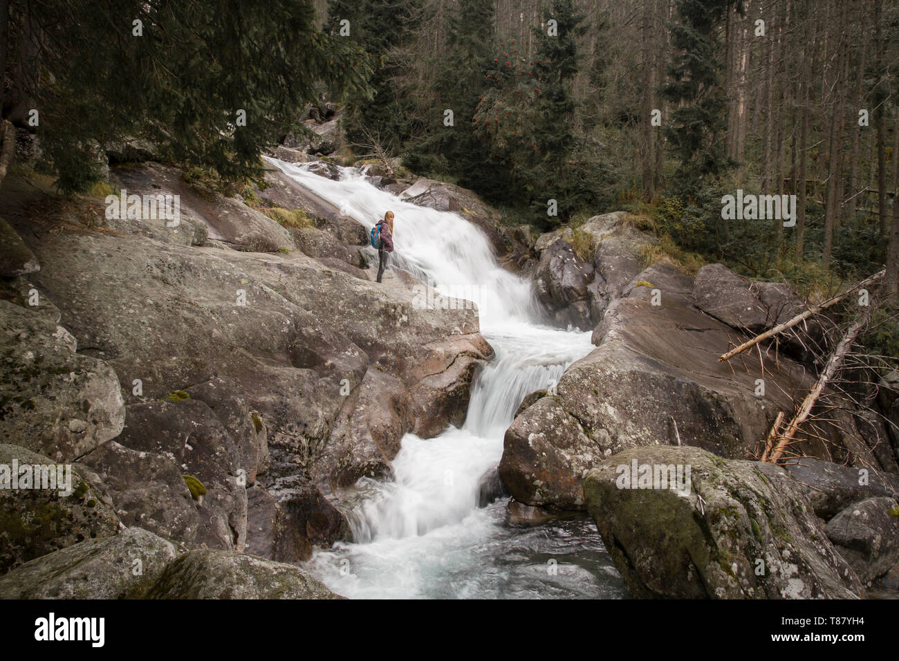 woman standing near strong river in forest Stock Photo
