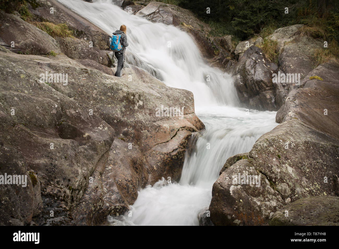 woman hiker standing on boulder near strong river stream in High Tatras Stock Photo