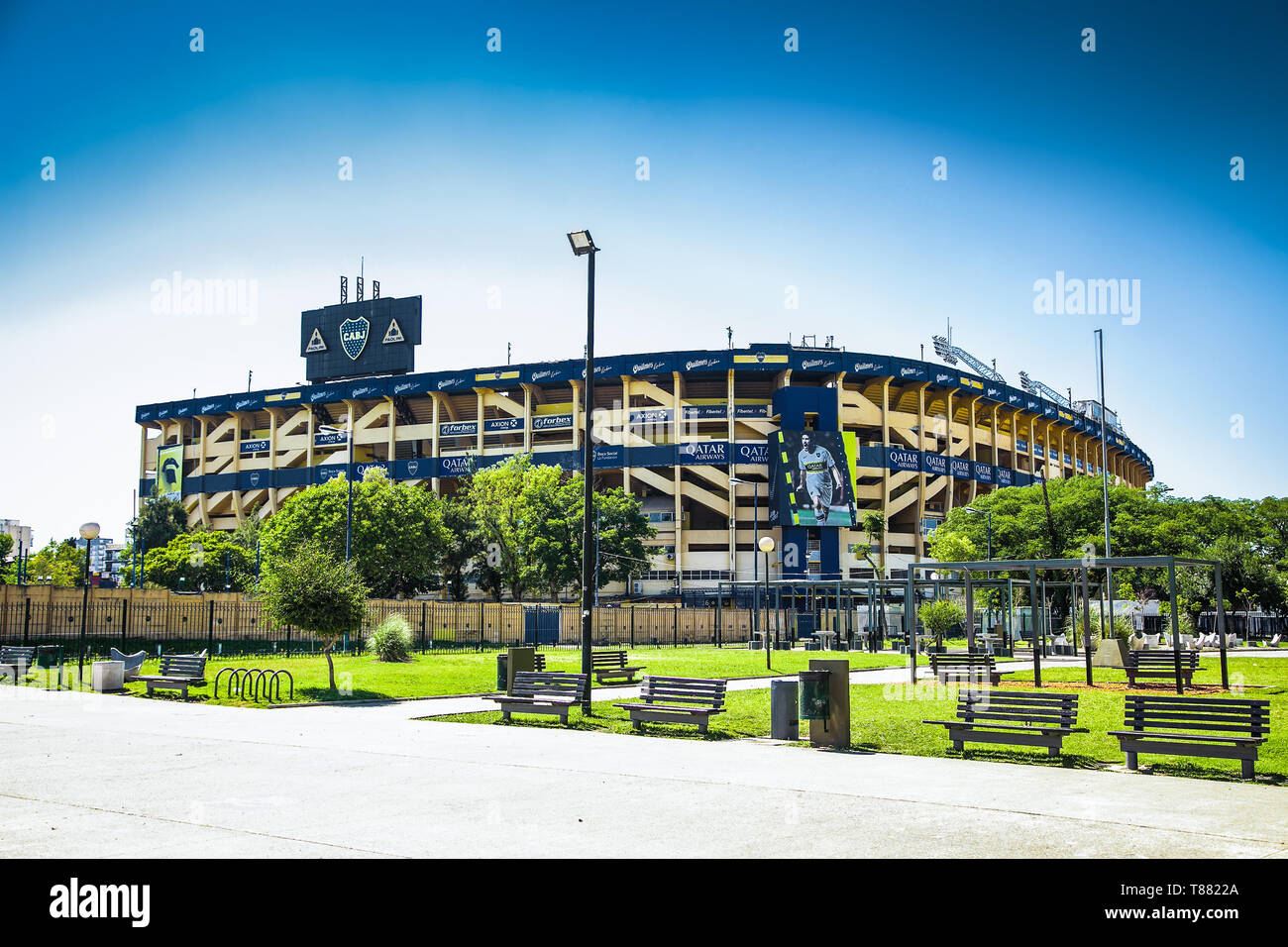 Buenos Aires Argentina - Dec 25, 2018: Outside architecture & colors of Boca Juniors team stadium also known as 'La Bombonera' hosts one of Argentina  Stock Photo