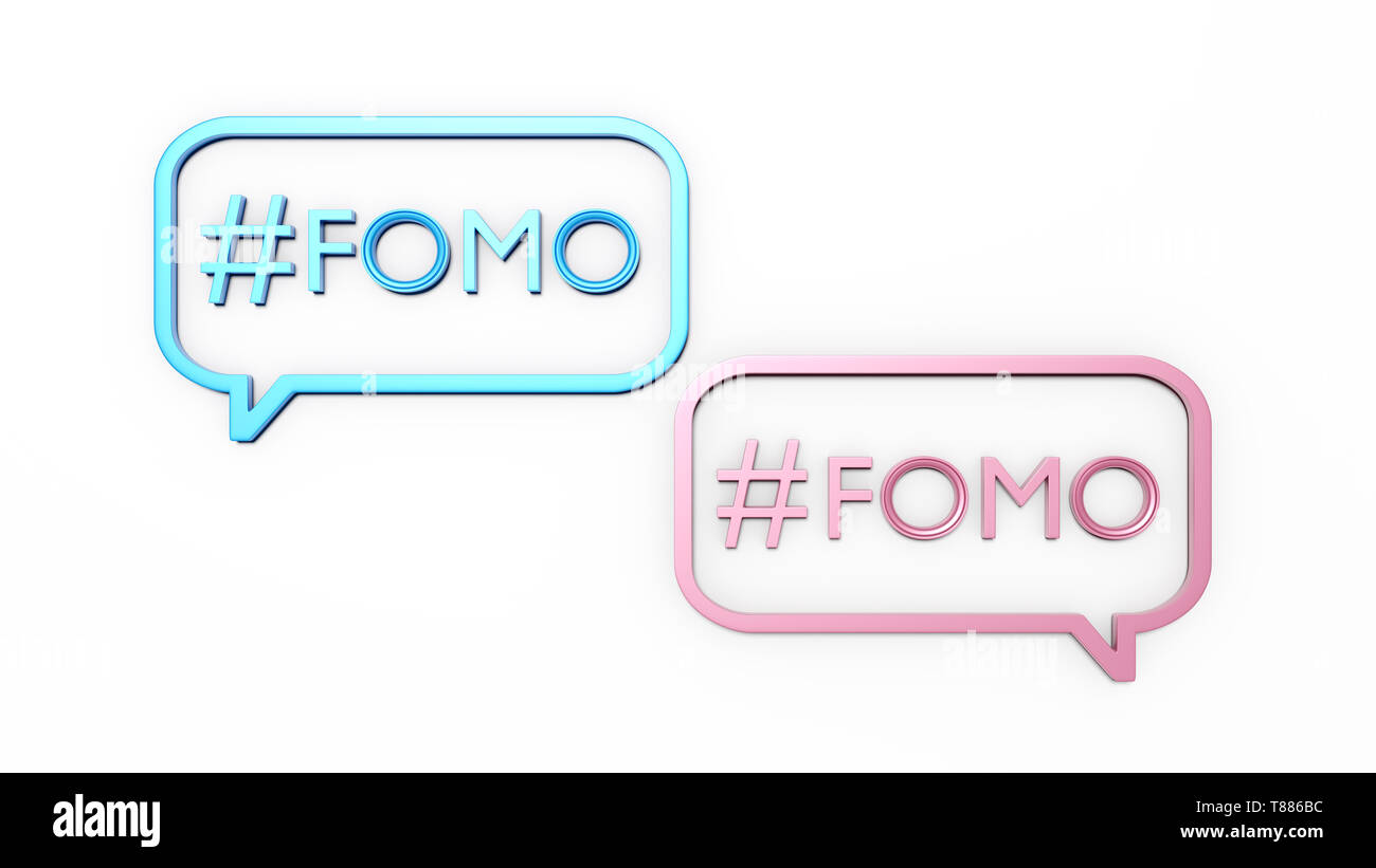 Fomo word as 3D text or logo concept placed on a white surface. 3D rendering – Ilustration. Fomo word mean fear of missing out something. One of the m Stock Photo