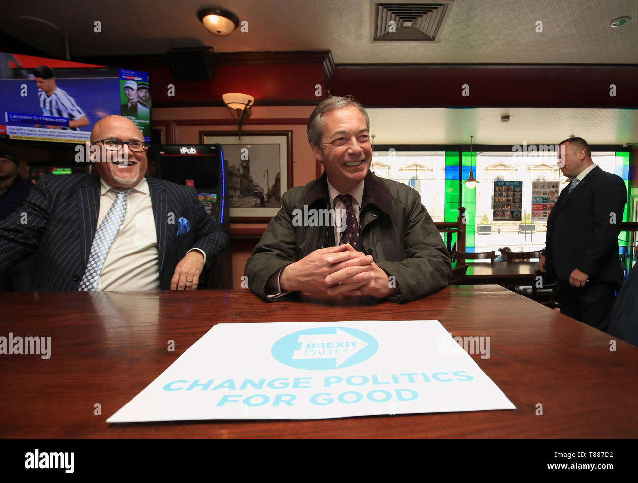 Brexit Party leader Nigel Farage with candidate Brian Monteith during his walkabout while on the European Election campaign trail in Sunderland. Stock Photo