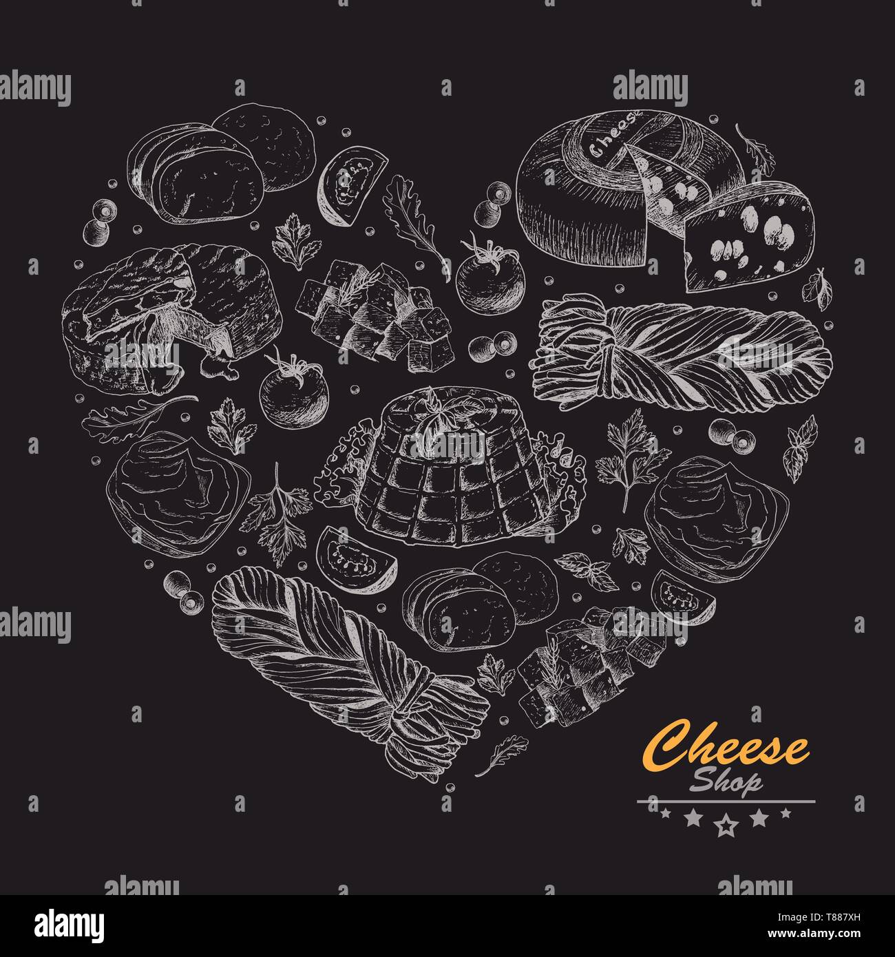 Vector heart from different types of cheese. Vector illustration for