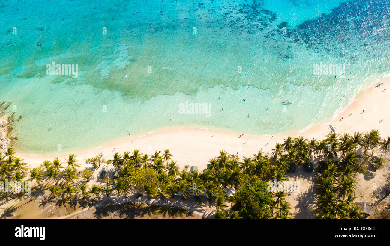 aerial view tropical island with sand white beach, palm trees ...