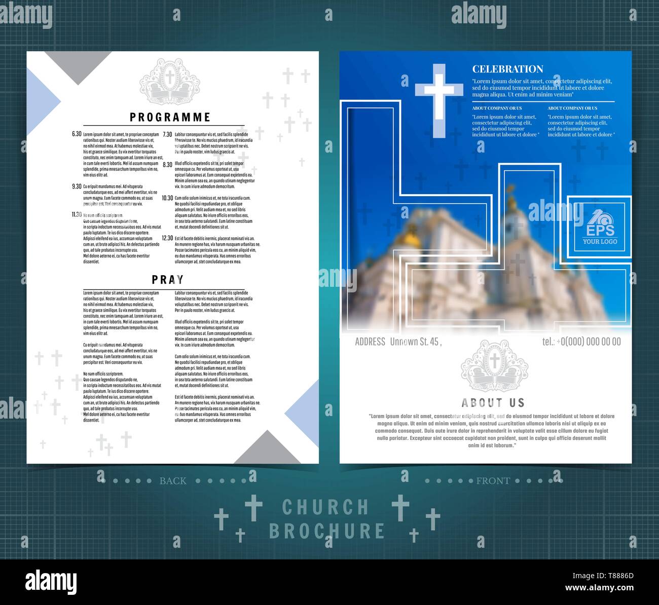 Two sided leaflets with buildings and geometric patterns Stock Vector