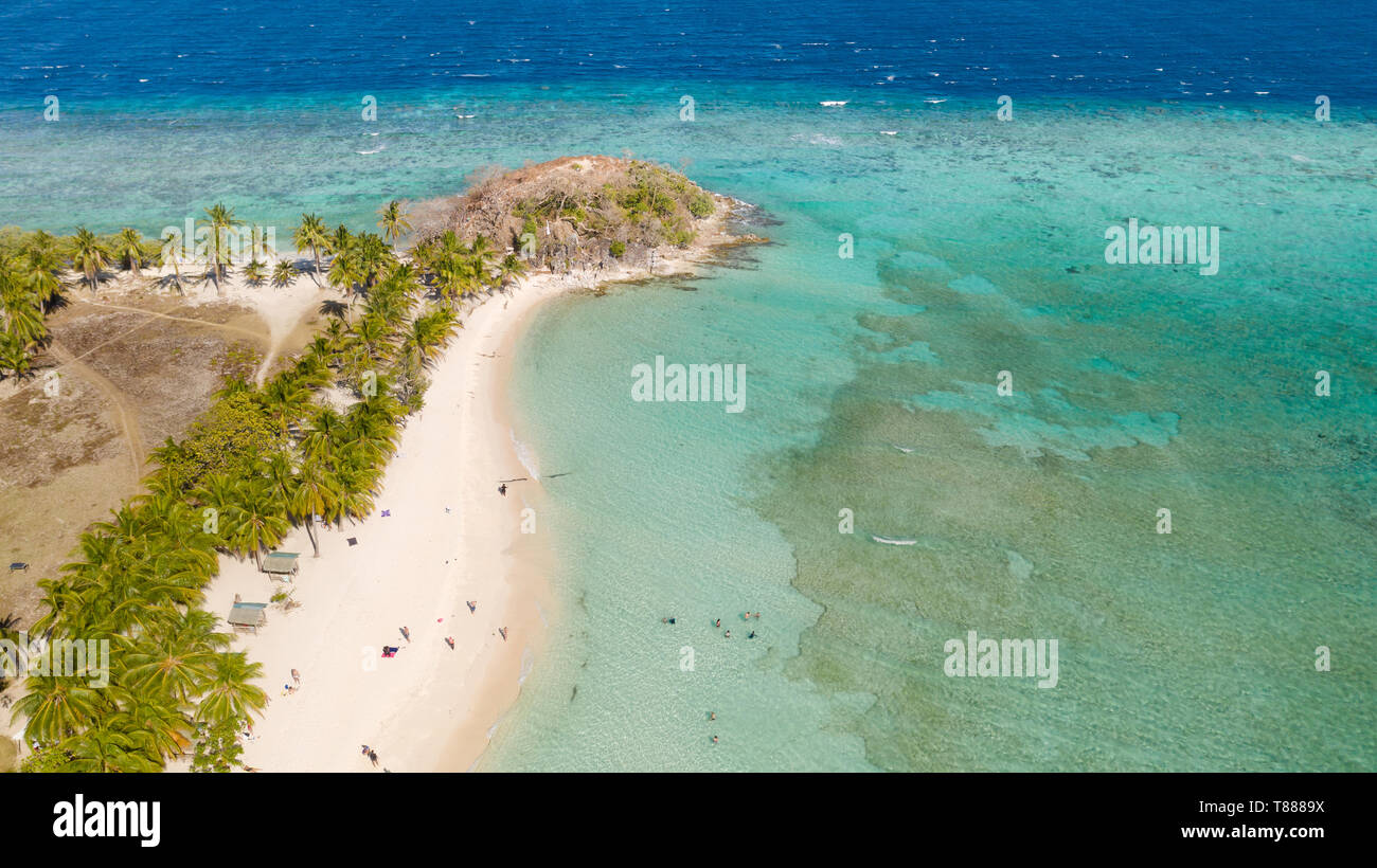 aerial view tropical island with sand white beach, palm trees ...