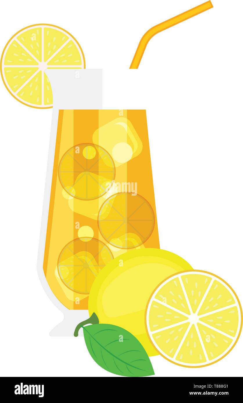 ice lemon tea with lemon, lemon leaf and ice cube. vector illustration