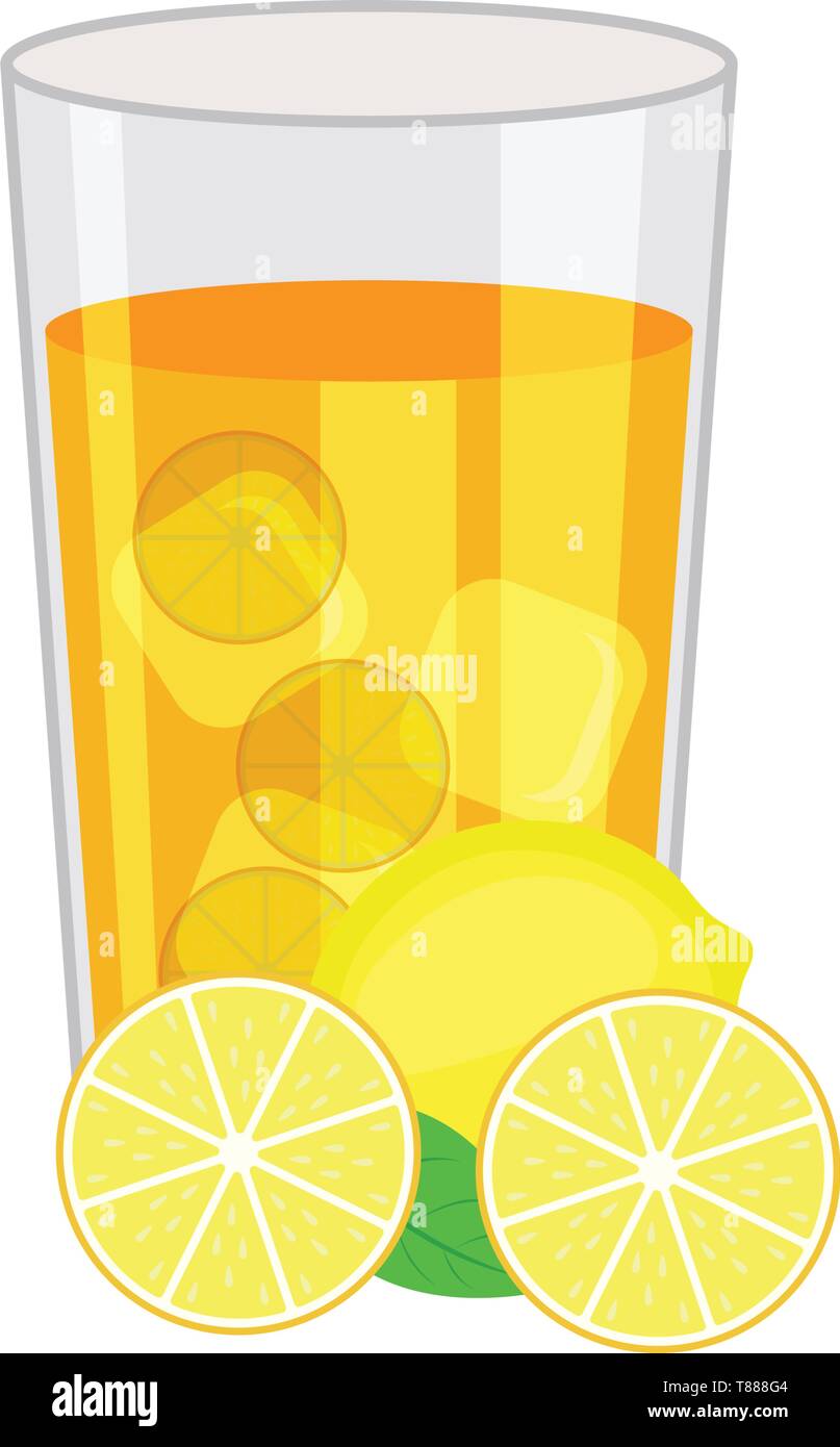 ice lemon tea with lemon, lemon leaf and ice cube. vector illustration