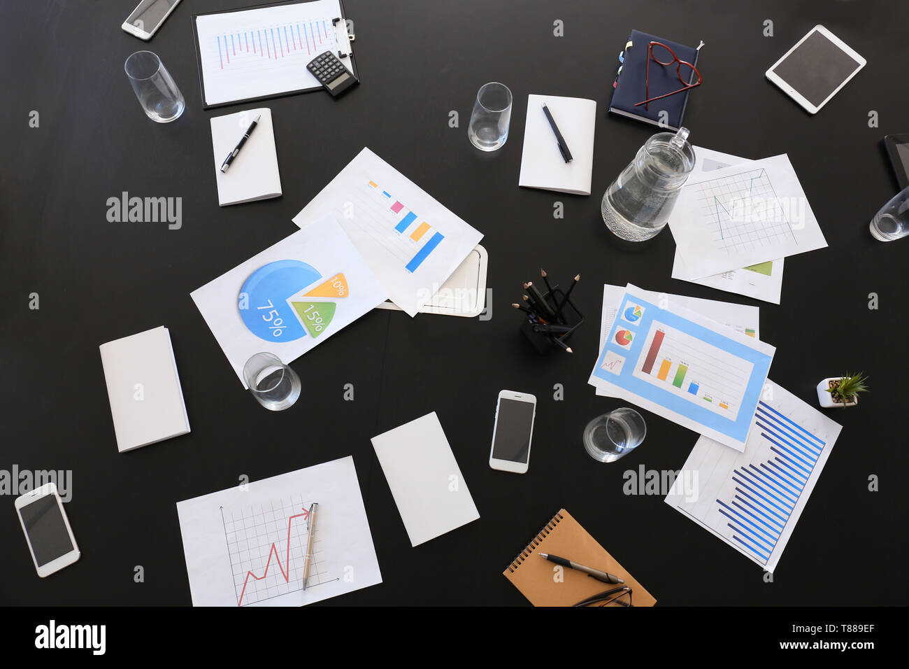 Big table with documents prepared for business meeting, top view Stock ...