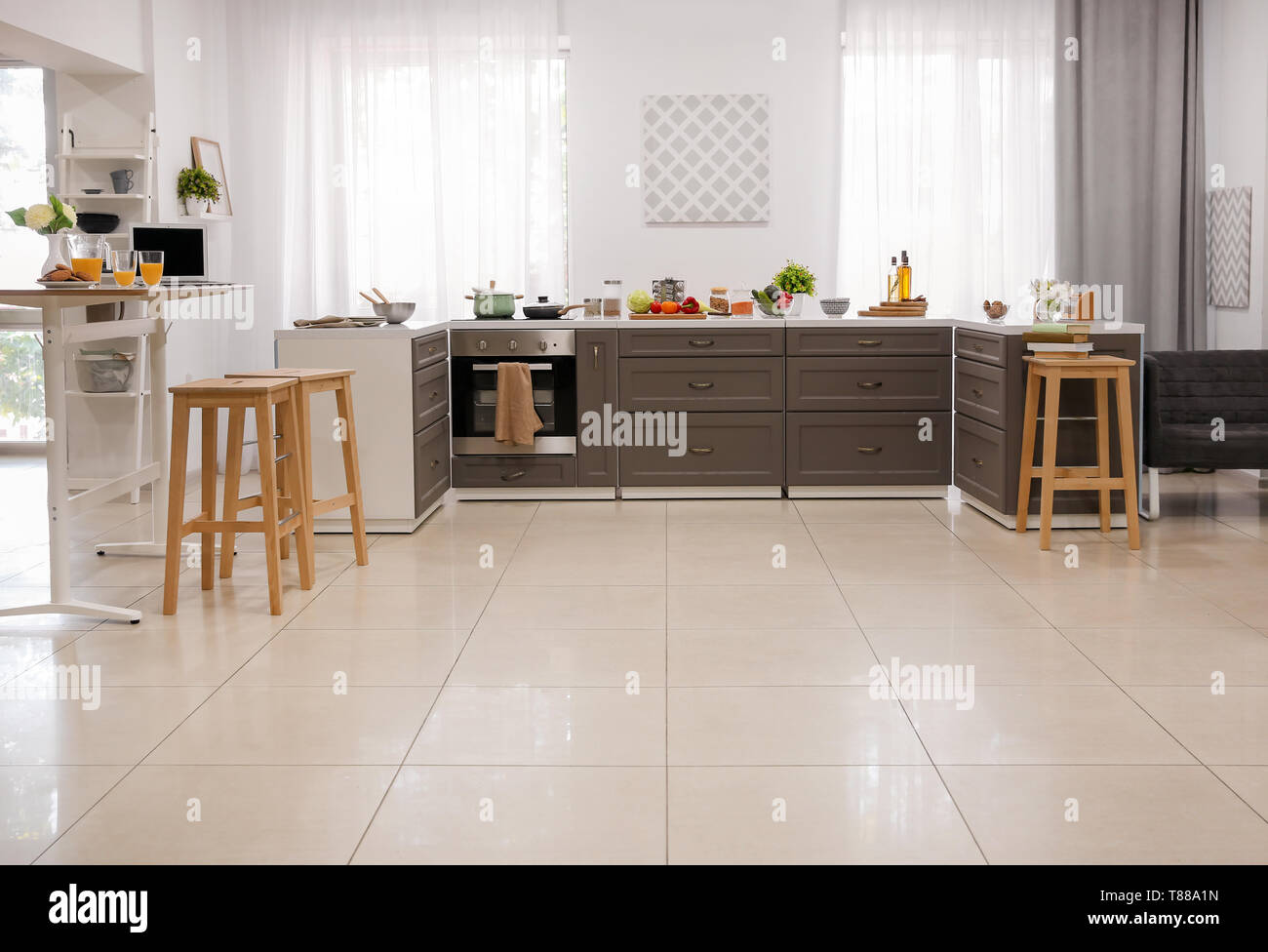 Interior of modern kitchen with stylish furniture Stock Photo - Alamy