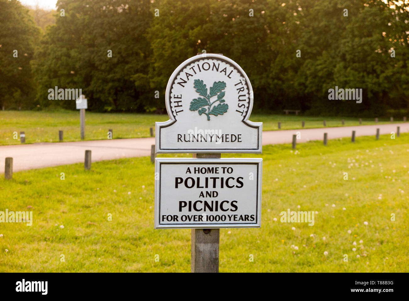 National Trust sign / signpost / post; Runnymede, Surrey. UK. Runnymede was the site of the signing of Magna Carta in year 1215. (108) Stock Photo