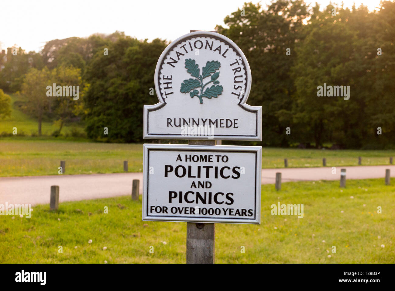 National Trust sign / signpost / post; Runnymede, Surrey. UK. Runnymede was the site of the signing of Magna Carta in year 1215. (108) Stock Photo