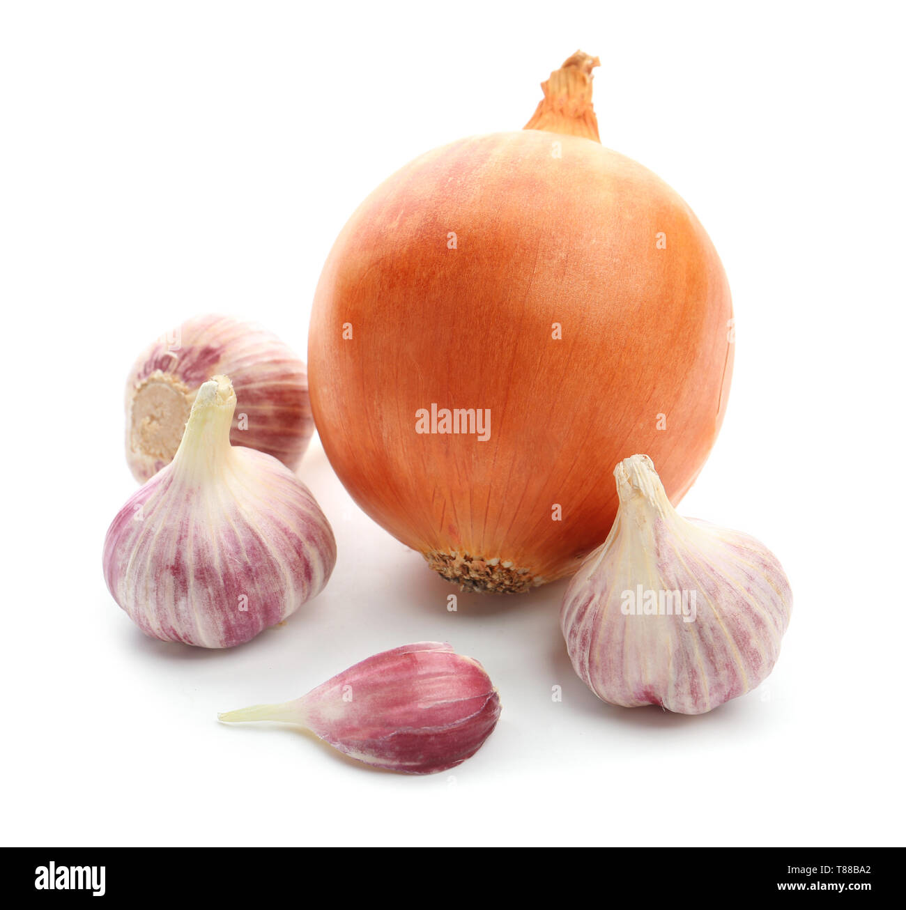 Fresh onion with garlic on white background Stock Photo - Alamy