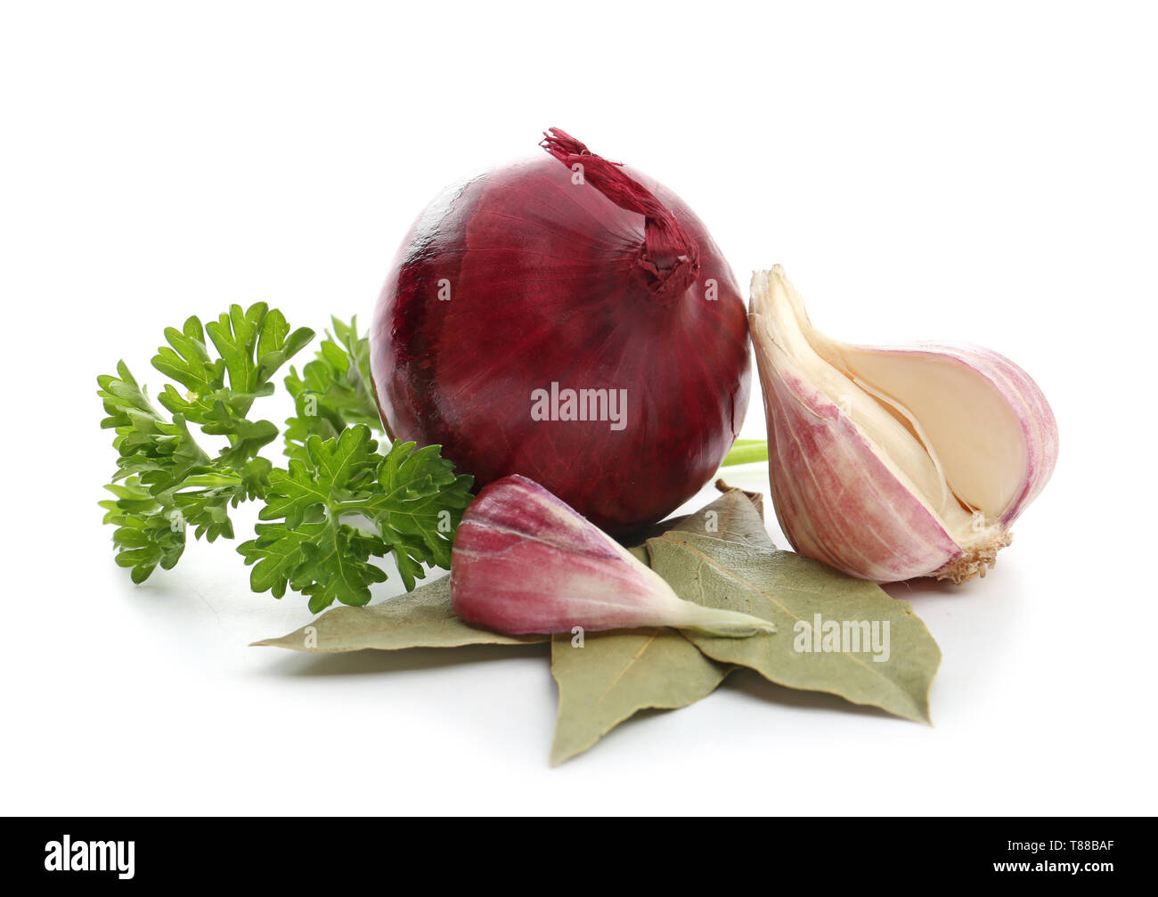 Garlic and onion with parsley and bay leaves on white background Stock ...