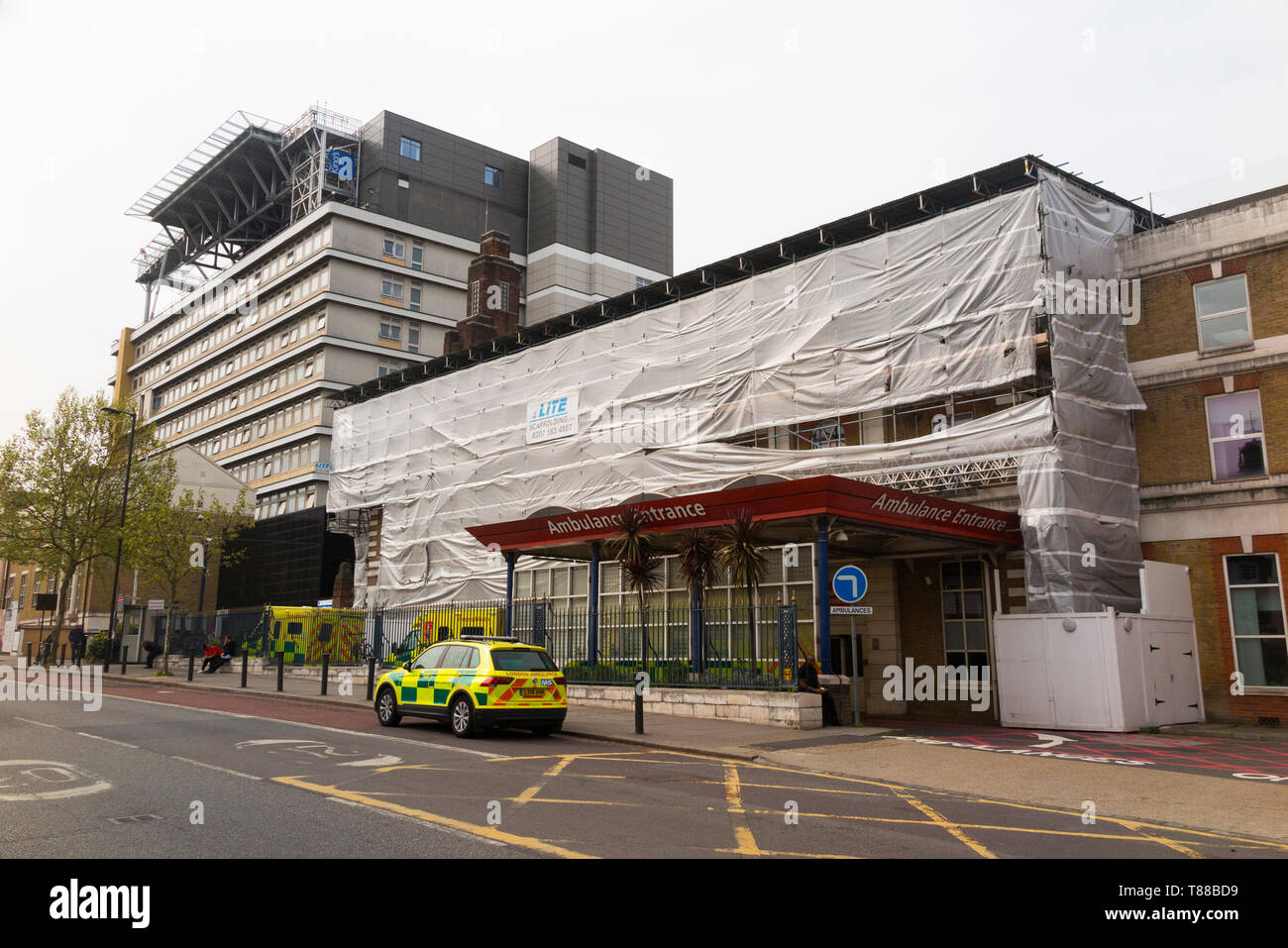 The exterior of Kings college hospital while it undergoes building works and improvements, on Denmark Hill in Camberwell, South East London. UK (108) Stock Photo