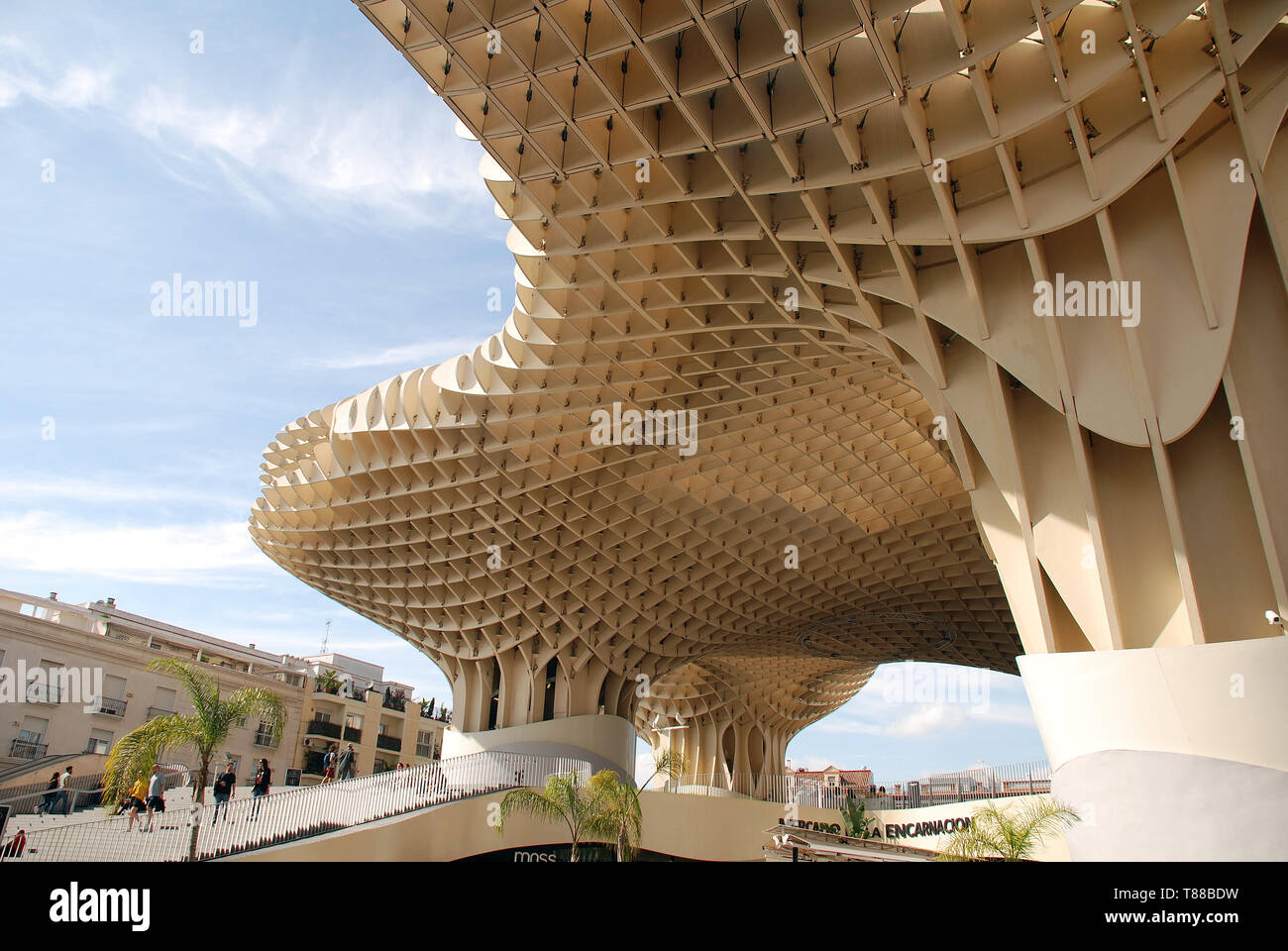 The Metropol Parasol, known as Las Setas de Sevilla (Mushrooms of Seville) at the Plaza de la Encarnacion in Seville, Spain on April 2, 2019. Stock Photo