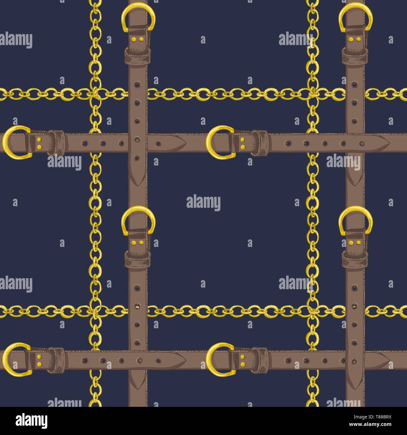 Seamless pattern with realistic hand drawn golden chains and brown leather belt Doodle sketch on dark blue background Square luxury ornament Stock Vector