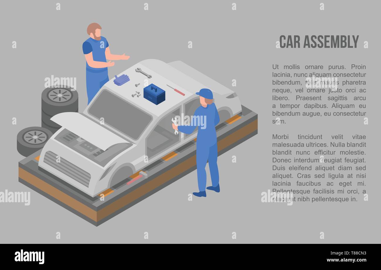 Car Assembly Concept Banner Isometric Style Stock Vector Art