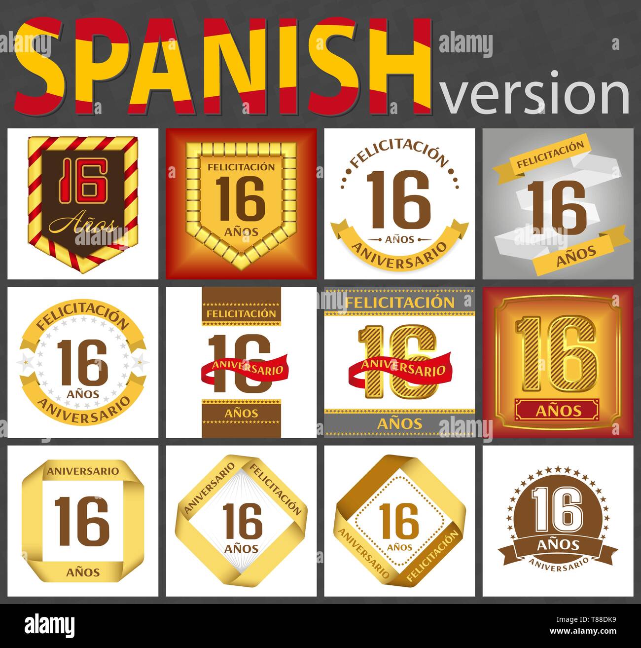 Spanish set of number sixteen years (16 years) celebration design. Anniversary number template elements for your birthday party. Translated from the G Stock Vector Image & Art - Alamy