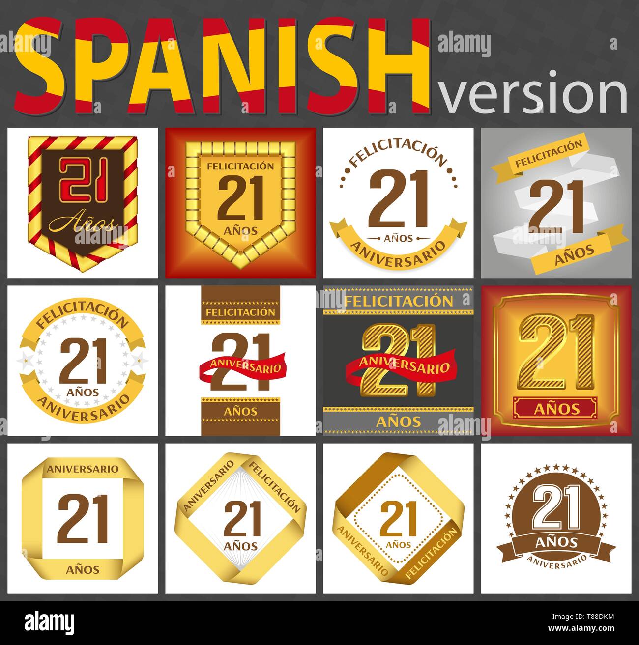 Spanish set of number twenty-one years (21 years) celebration design. Anniversary number template elements for your birthday party. Translated from th Stock Vector
