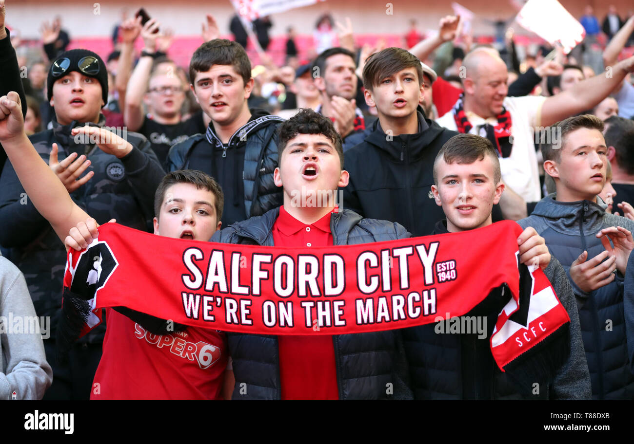 Salford City fans during the Vanarama National League Play-off Final at Wembley Stadium, London. Stock Photo