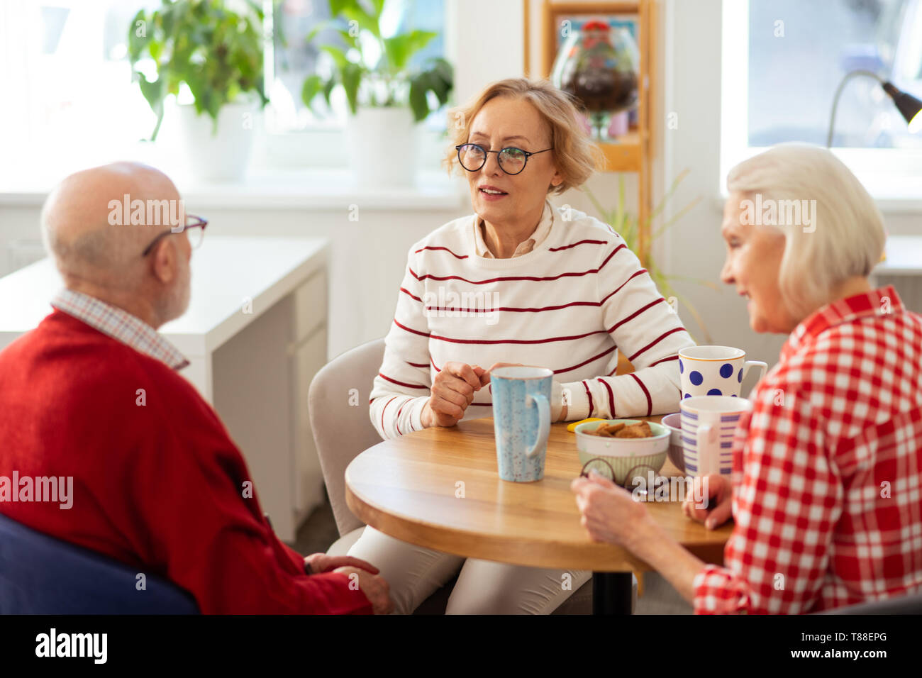 Pleasant aged people having delicious tea together Stock Photo