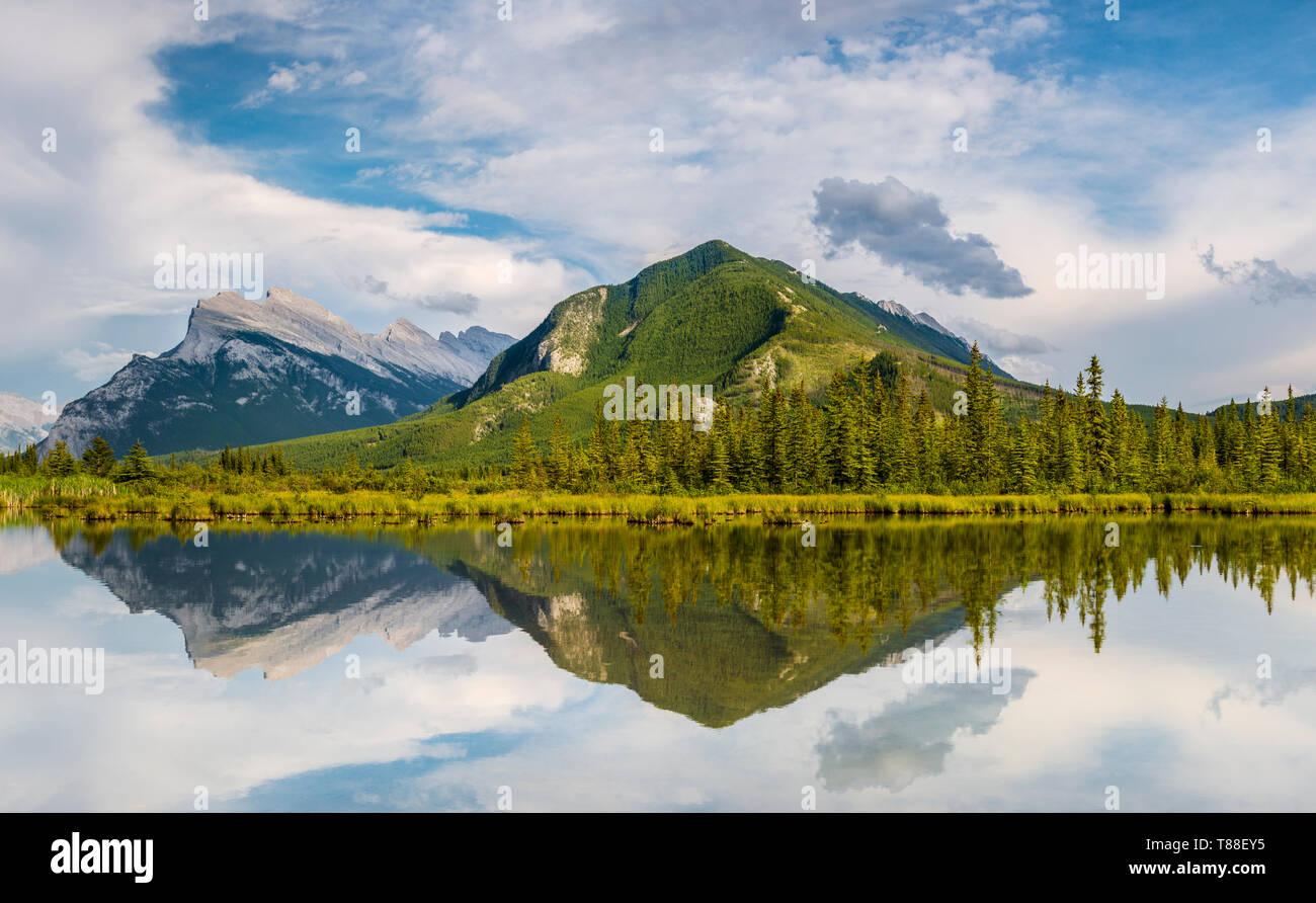 Vermilion Lakes classic location looking towards mount Ruddle with reflections in the water. Stock Photo