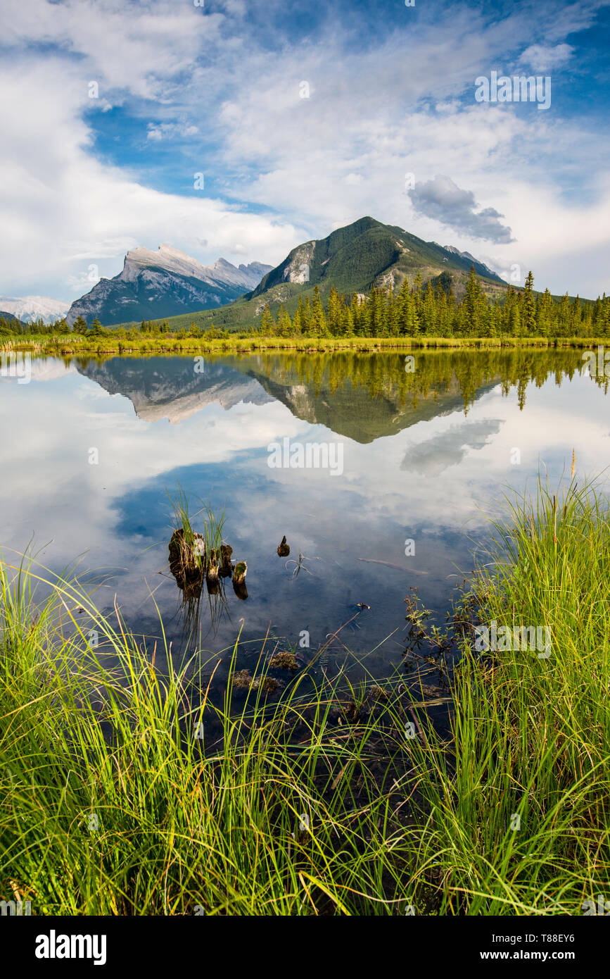 Vermilion Lakes classic location looking towards mount Ruddle with reflections in the water. Stock Photo