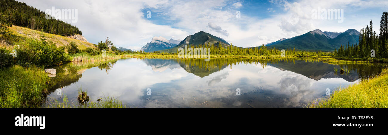 Vermilion Lakes classic location looking towards mount Ruddle with reflections in the water. Stock Photo