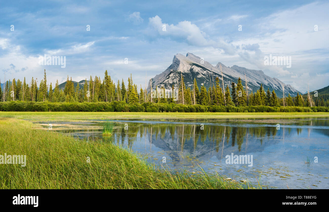 Vermilion Lakes classic location looking towards mount Ruddle with reflections in the water. Stock Photo