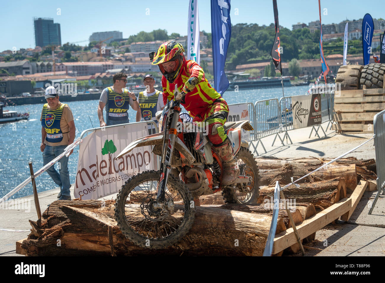 Moto X Rider competing in the Extreme XL Lagares, World Enduro Super Series 2019 in Porto, Portugal. Stock Photo