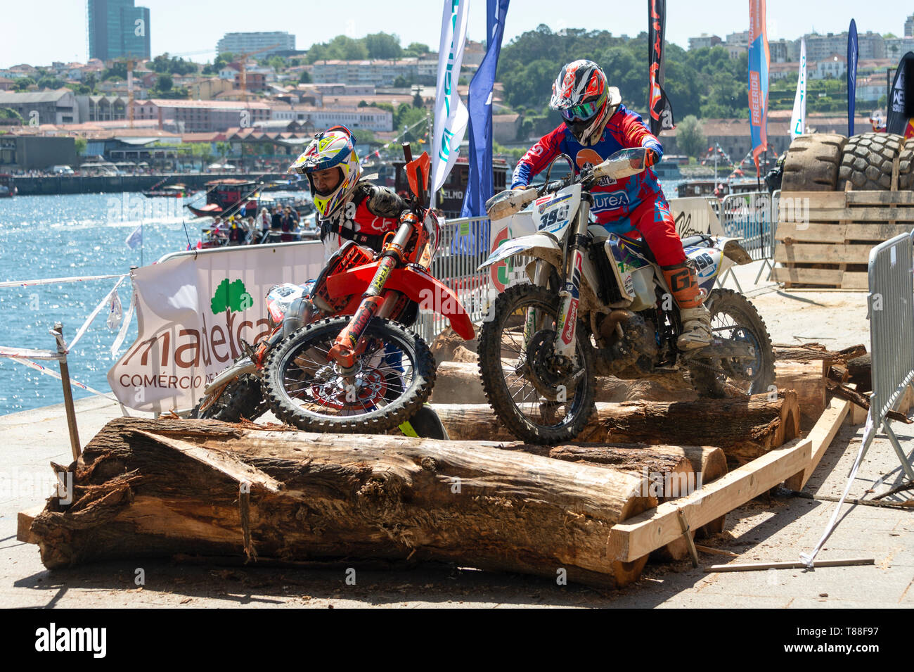Moto X Riders competing in the Extreme XL Lagares, World Enduro Super Series 2019 in Porto, Portugal. Stock Photo