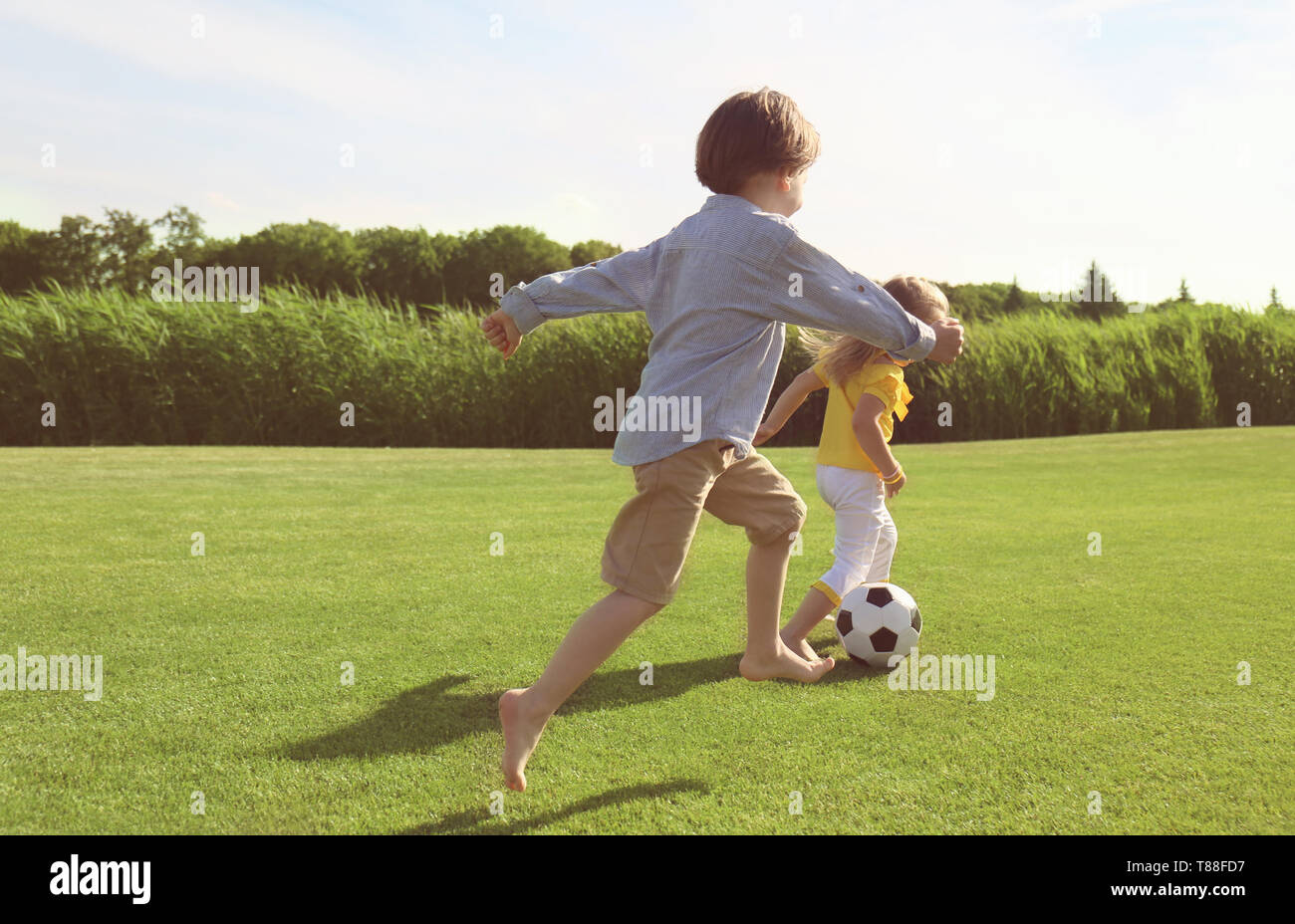 Cute little children playing football in park on sunny day Stock Photo ...