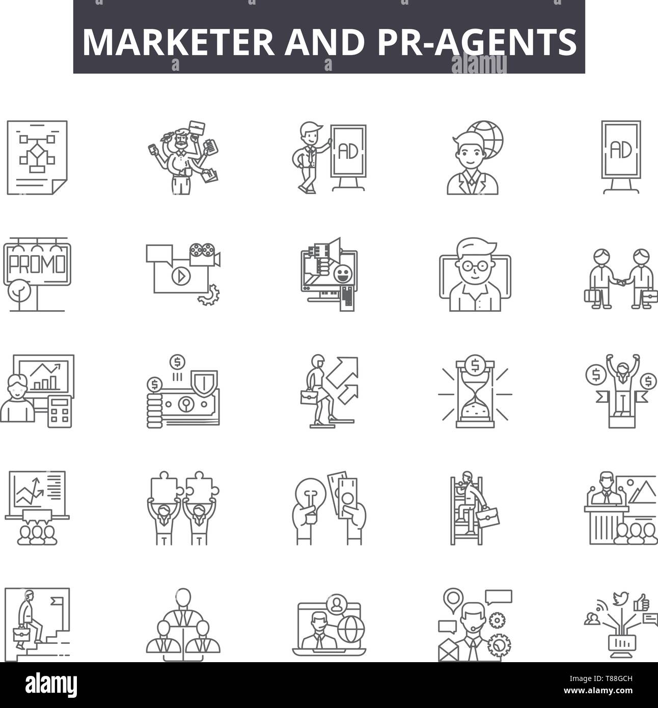 Marketer and pr-agents line icons, signs, vector set, linear concept ...
