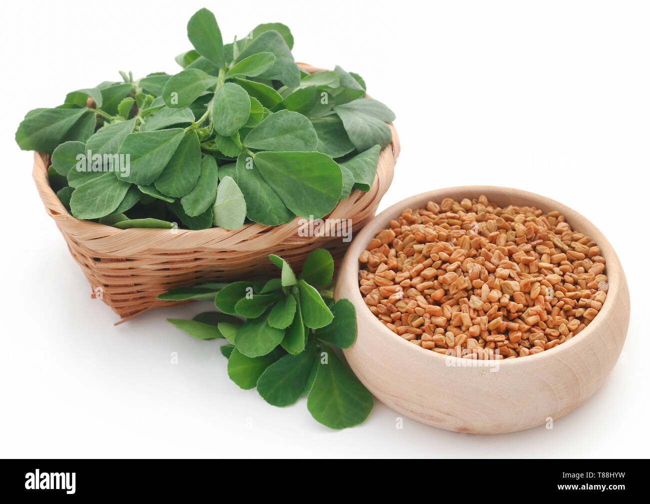 Fenugreek seeds with green leaves over white Stock Photo