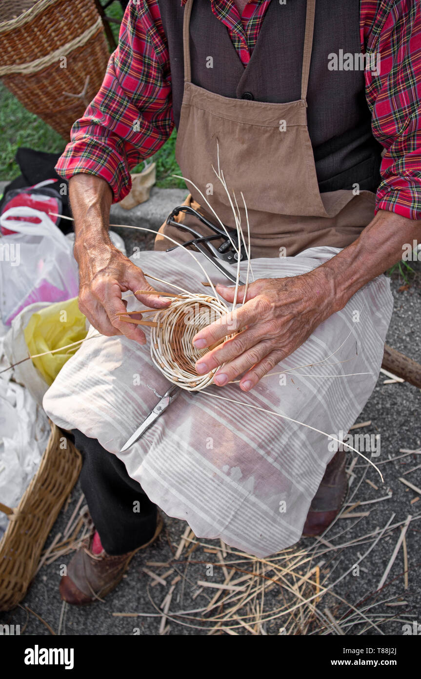 expert hands of the elderly craftsman creates a wicker basket Stock ...
