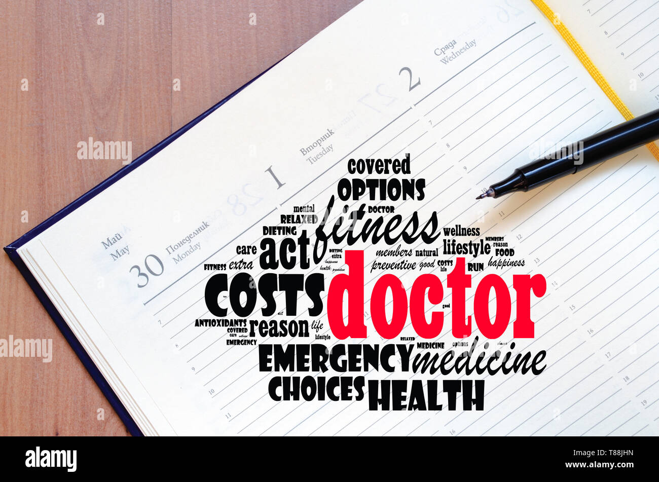 Doctor word cloud collage over notepad background Stock Photo