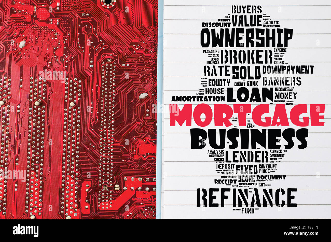 Mortgage word cloud collage over red background Stock Photo